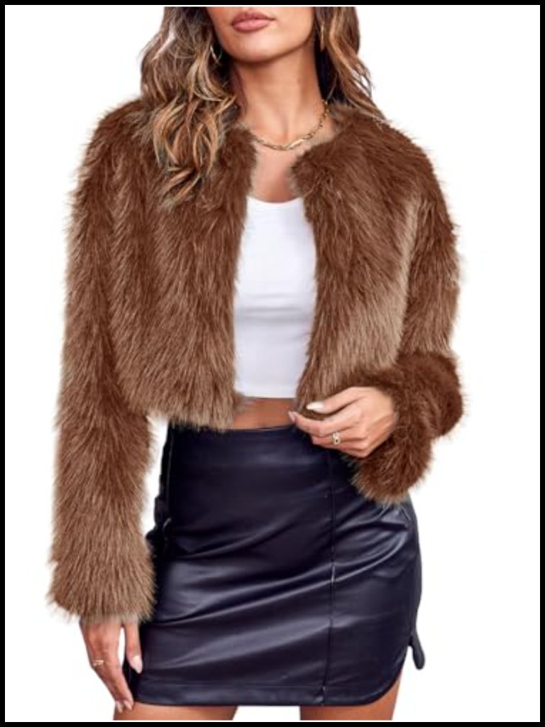Women's Cropped Faux Fur Jacket Long Sleeve Fluffy Shaggy Coat Open Front